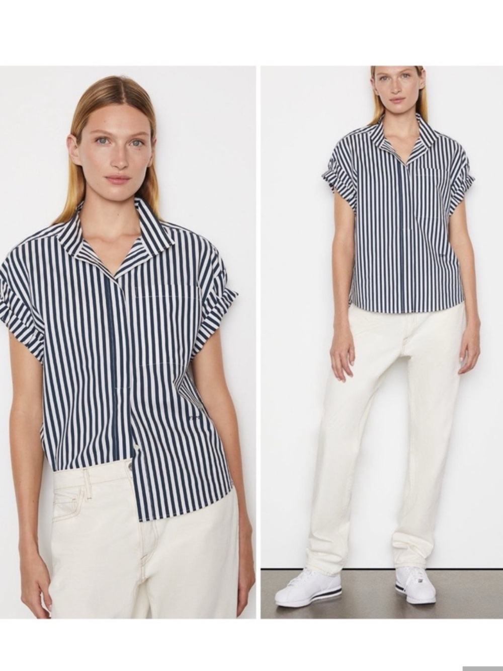 FRAME sheila Navy and White Striped organic cotton blouse. S/P